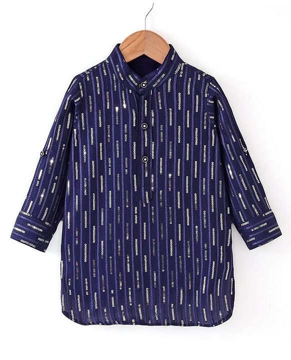 Babyhug Full Sleeves Sequenced Pathani Kurta Pyjama Set - Navy Blue