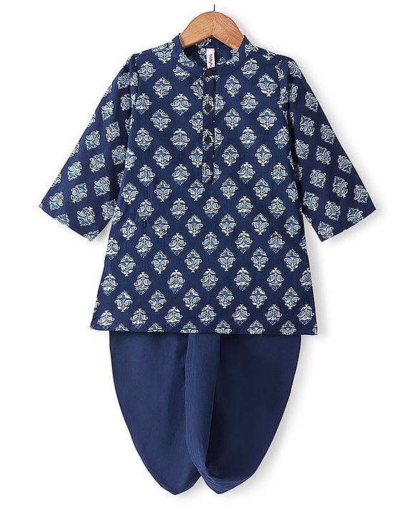 Babyhug 100% Cambric Full Sleeve Printed Kurta With Solid Dhoti Set - Navy