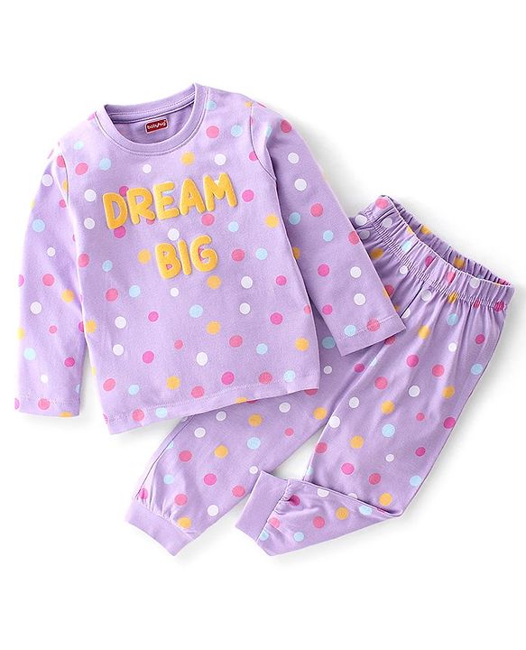 Babyhug Cotton Knit Full Sleeves Night Suit with Text  & Polka Dots Printed - Lavender