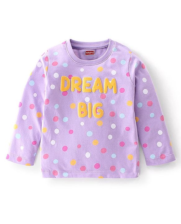 Babyhug Cotton Knit Full Sleeves Night Suit with Text  & Polka Dots Printed - Lavender