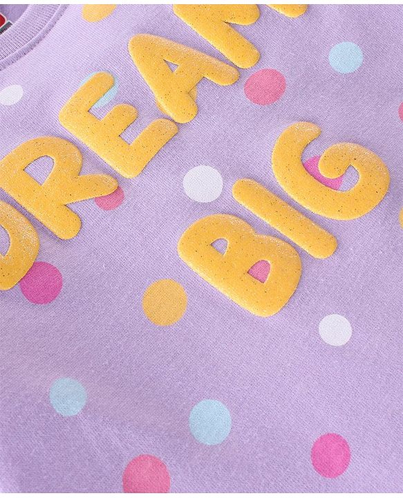 Babyhug Cotton Knit Full Sleeves Night Suit with Text  & Polka Dots Printed - Lavender