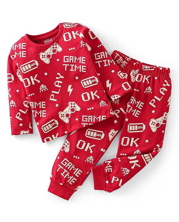 Babyhug Cotton Knit Full Sleeves Night Suit With Text Print - Red