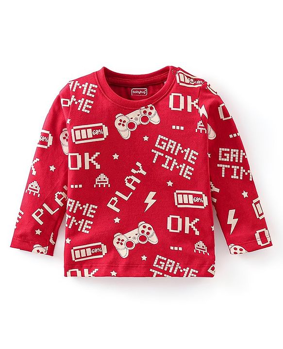 Babyhug Cotton Knit Full Sleeves Night Suit With Text Print - Red