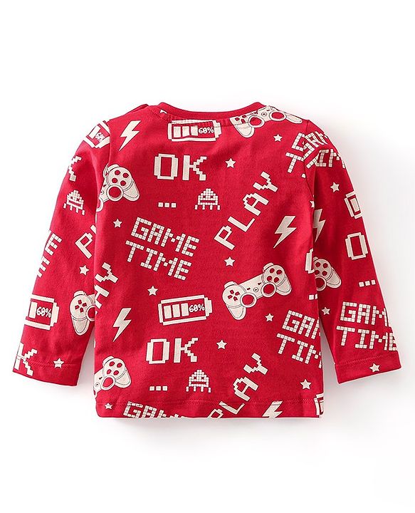 Babyhug Cotton Knit Full Sleeves Night Suit With Text Print - Red