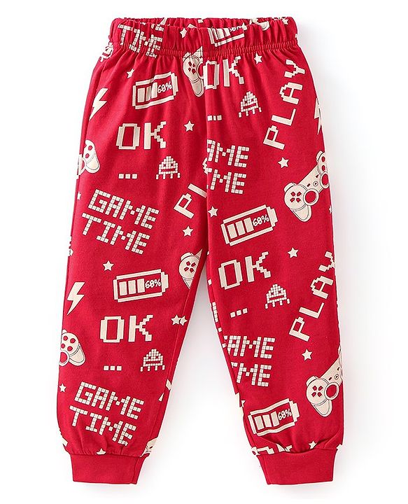 Babyhug Cotton Knit Full Sleeves Night Suit With Text Print - Red