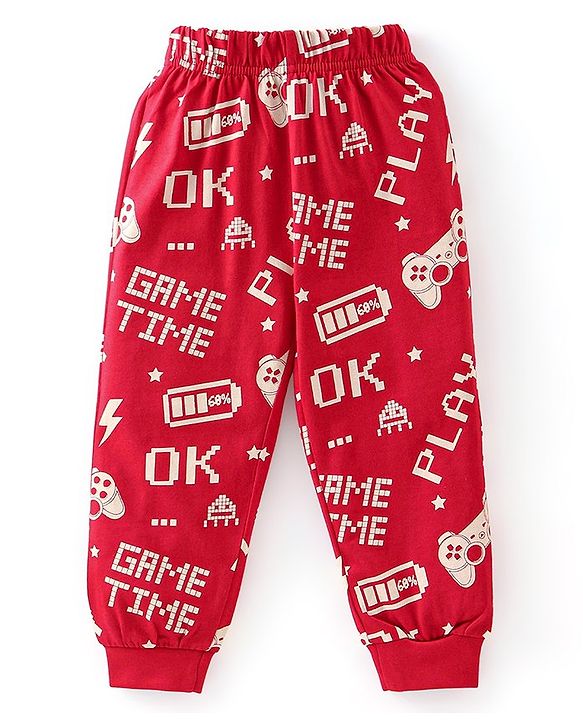 Babyhug Cotton Knit Full Sleeves Night Suit With Text Print - Red