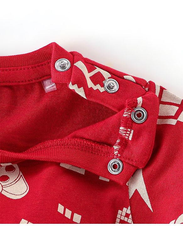 Babyhug Cotton Knit Full Sleeves Night Suit With Text Print - Red