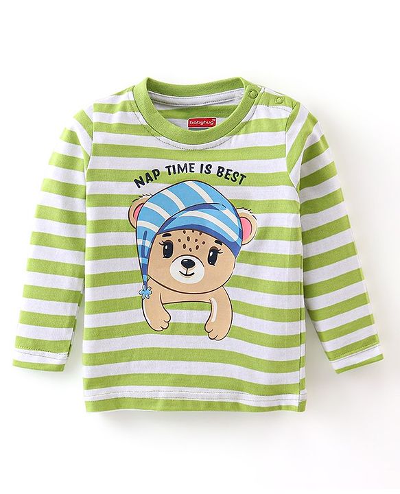 Babyhug Cotton Knit Full Sleeves Night Suit Stripes & Bear Print - Green
