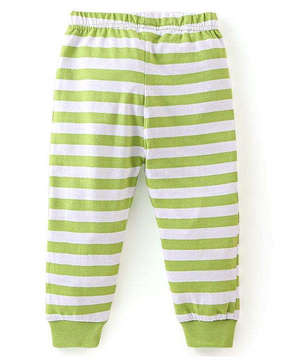Babyhug Cotton Knit Full Sleeves Night Suit Stripes & Bear Print - Green
