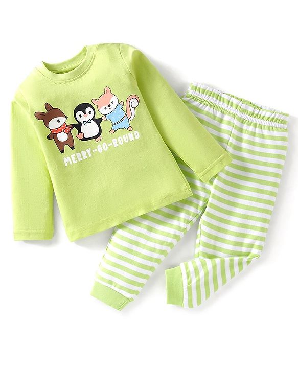 Babyhug Cotton Knit Full Sleeves Striped & Animals Printed Night Suit - Green