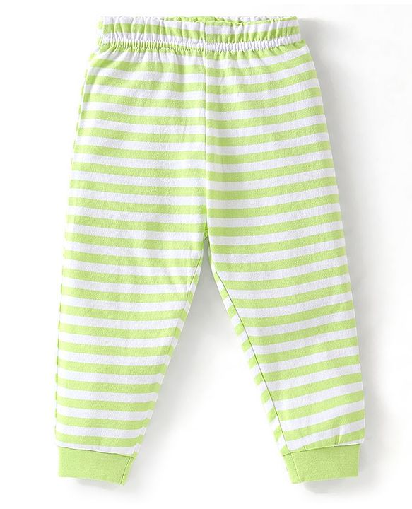 Babyhug Cotton Knit Full Sleeves Striped & Animals Printed Night Suit - Green