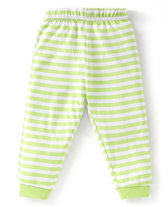 Babyhug Cotton Knit Full Sleeves Striped & Animals Printed Night Suit - Green