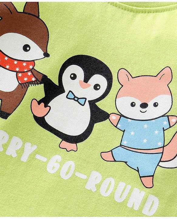 Babyhug Cotton Knit Full Sleeves Striped & Animals Printed Night Suit - Green