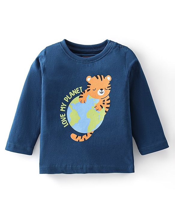 Babyhug Cotton Knit Full Sleeves Tiger Printed & Striped Night Suit - Navy Blue