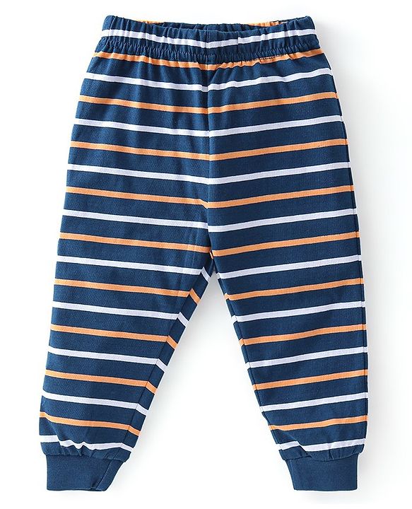 Babyhug Cotton Knit Full Sleeves Tiger Printed & Striped Night Suit - Navy Blue