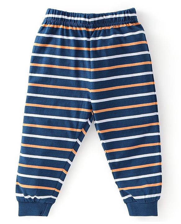 Babyhug Cotton Knit Full Sleeves Tiger Printed & Striped Night Suit - Navy Blue