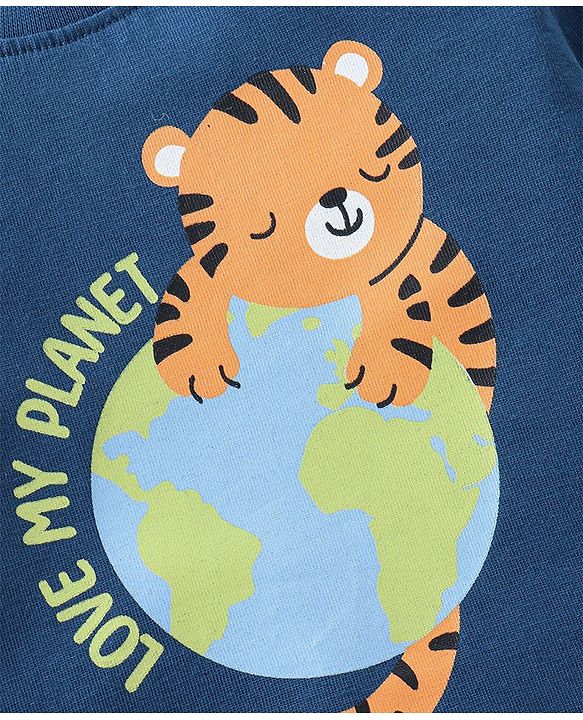 Babyhug Cotton Knit Full Sleeves Tiger Printed & Striped Night Suit - Navy Blue