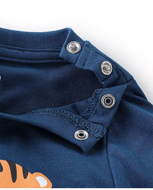 Babyhug Cotton Knit Full Sleeves Tiger Printed & Striped Night Suit - Navy Blue