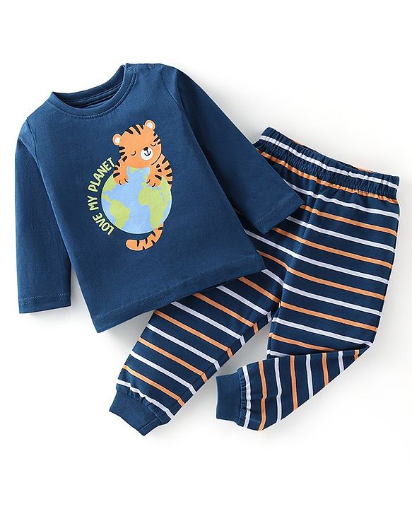 Babyhug Cotton Knit Full Sleeves Tiger Printed & Striped Night Suit - Navy Blue