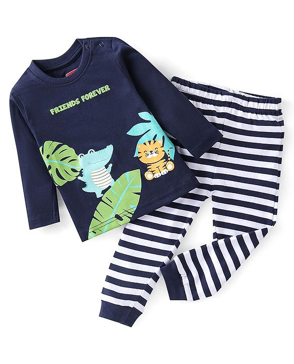 Babyhug Cotton Knit Full Sleeves Night Suit Crocodile Printed - Navy Blue
