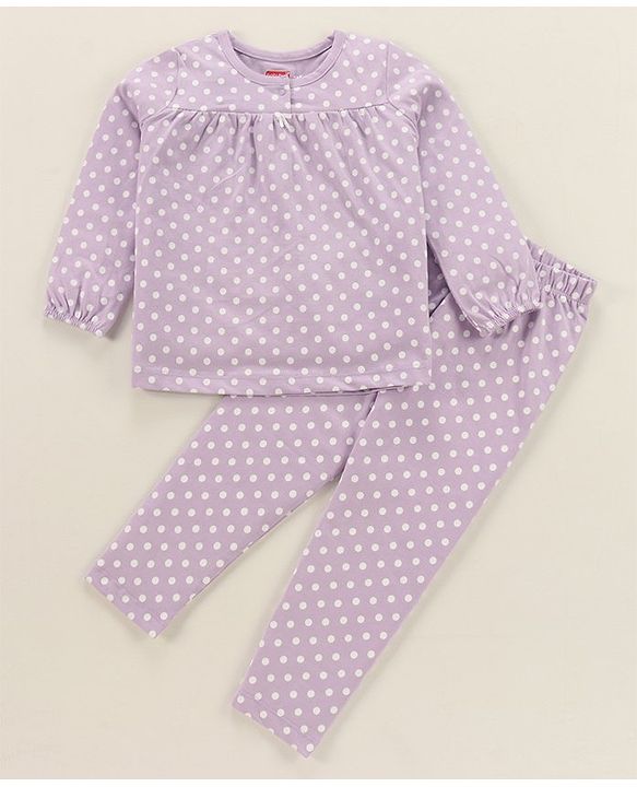 Babyhug Cotton Single Jersey Knit Full Sleeves Night Suit Polka Dot Print - Lavender
