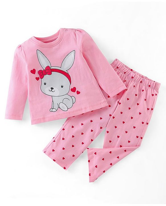 Babyhug Cotton Knit Full Sleeves Bunny Printed Night Suit - Pink