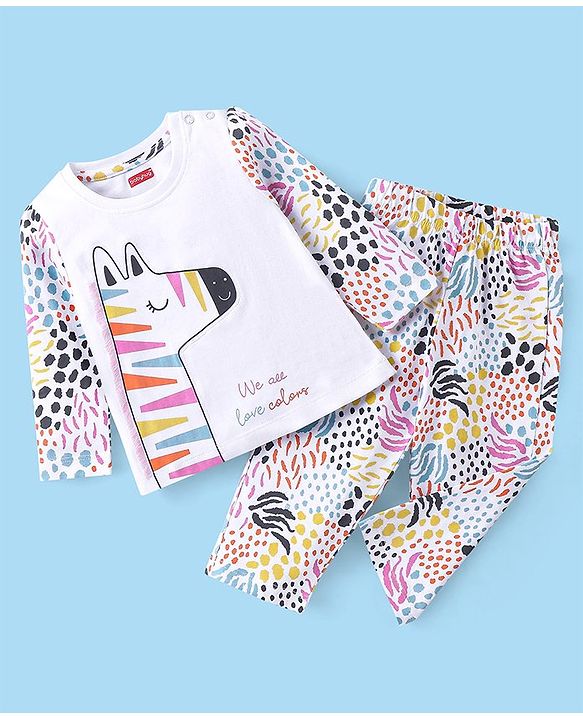 Babyhug Cotton Knit Full Sleeves Zebra Printed Night Suit - White