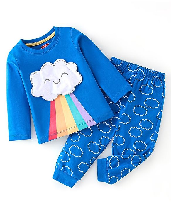 Babyhug Cotton Knit Full Sleeves Clouds Detailing  Night Suit - Blue