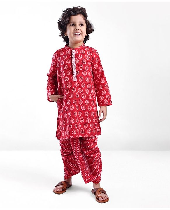 Babyhug 100% Cambric Full Sleeve Printed Kurta With Dhoti Set - Red