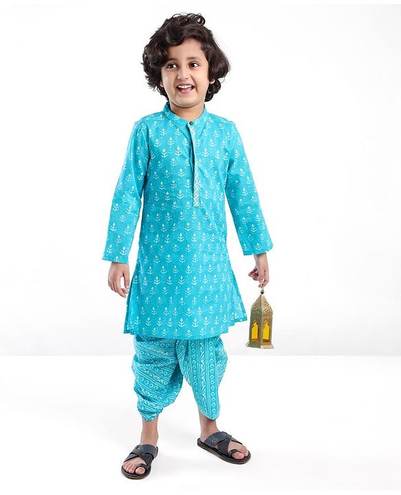 Babyhug 100% Cambric Full Sleeve Printed Kurta With Dhoti Set - Blue