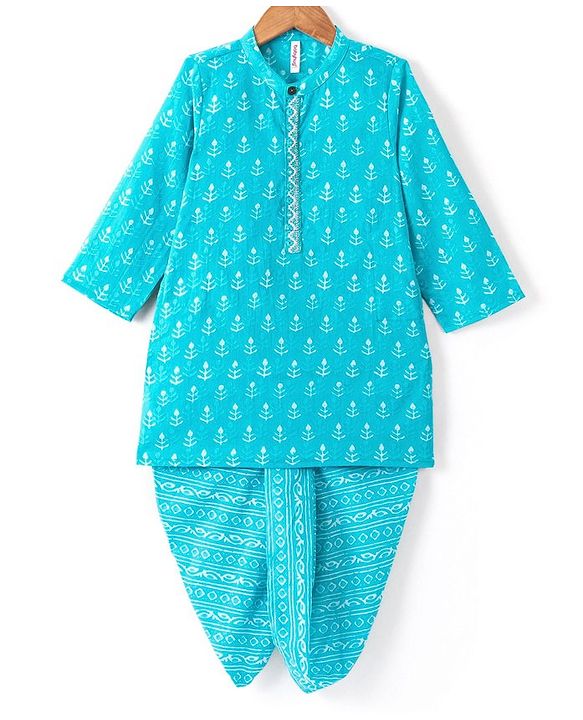 Babyhug 100% Cambric Full Sleeve Printed Kurta With Dhoti Set - Blue