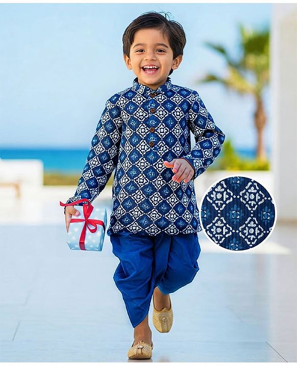 Babyhug Cotton Woven Full Sleeves Kurta Dhoti Set with Floral Print - Blue