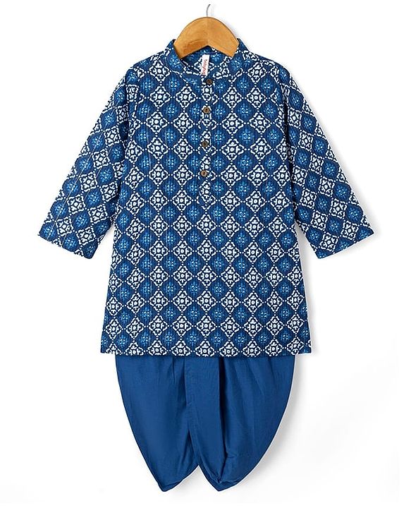 Babyhug Cotton Woven Full Sleeves Kurta Dhoti Set with Floral Print - Blue