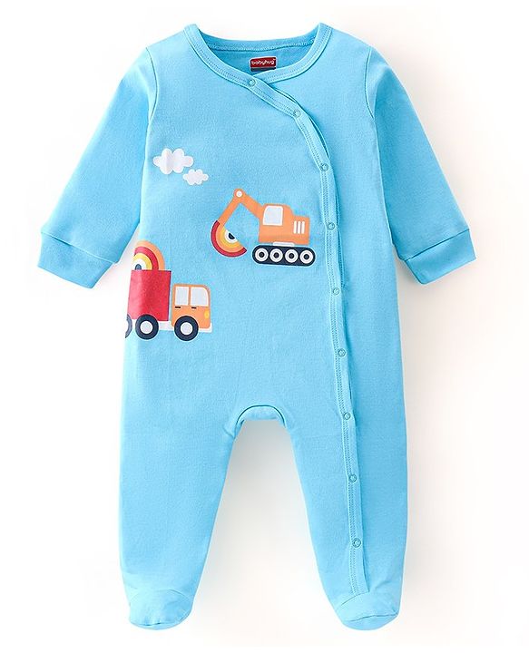 Babyhug Cotton Knit Full Sleeves JCB Printed Footed Sleep Suit - Blue