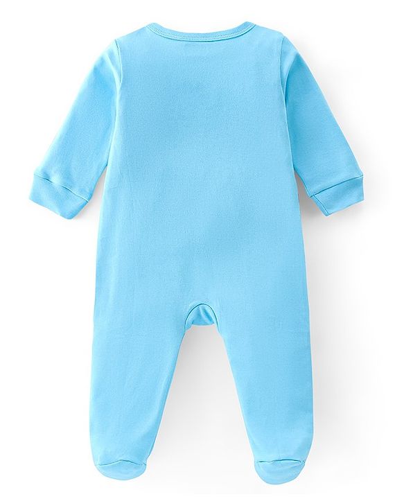 Babyhug Cotton Knit Full Sleeves JCB Printed Footed Sleep Suit - Blue