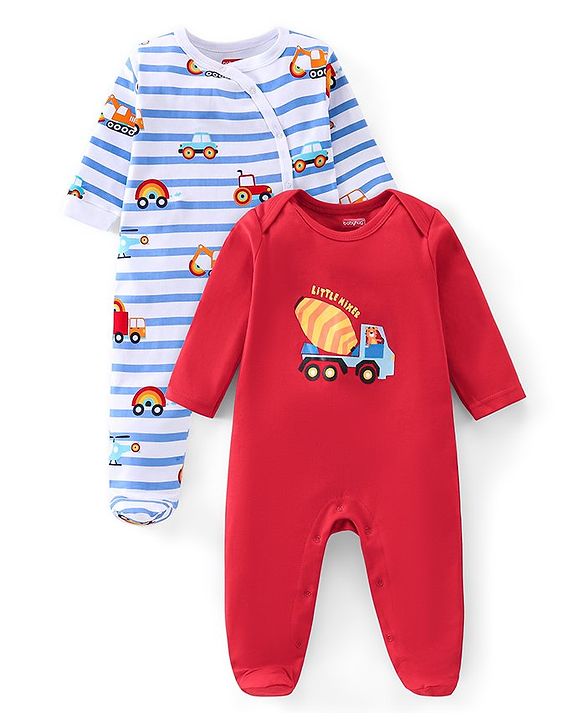 Babyhug Cotton Interlock Knit Full Sleeve Sleepsuit Stripes & Construction Vehicle Print Pack of 2 - Multicolor