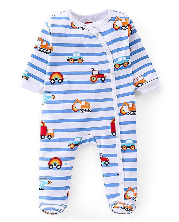 Babyhug Cotton Interlock Knit Full Sleeve Sleepsuit Stripes & Construction Vehicle Print Pack of 2 - Multicolor