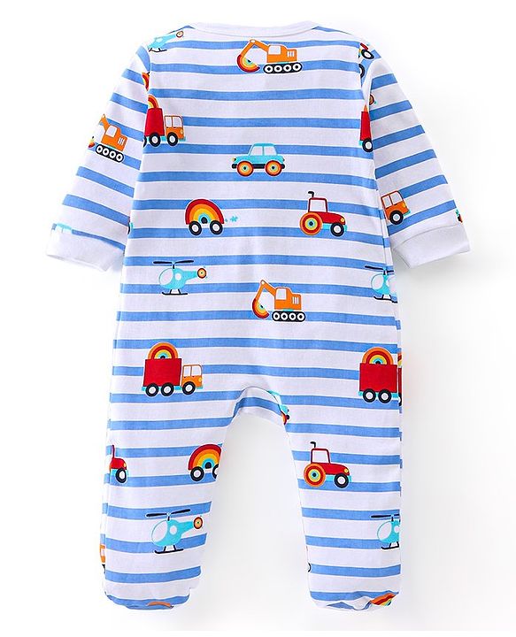 Babyhug Cotton Interlock Knit Full Sleeve Sleepsuit Stripes & Construction Vehicle Print Pack of 2 - Multicolor