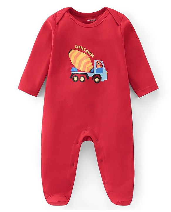 Babyhug Cotton Interlock Knit Full Sleeve Sleepsuit Stripes & Construction Vehicle Print Pack of 2 - Multicolor