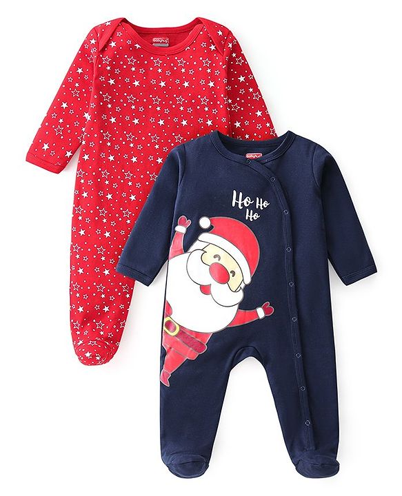 Babyhug Cotton Knit Full Sleeves Footed Sleep Suit Star & Santa Clause Print Pack of 2 - Red & Navy Blue