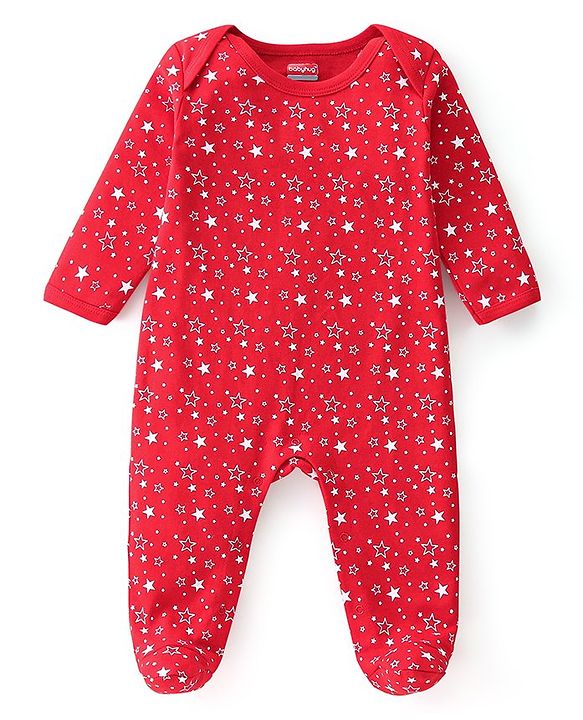 Babyhug Cotton Knit Full Sleeves Footed Sleep Suit Star & Santa Clause Print Pack of 2 - Red & Navy Blue