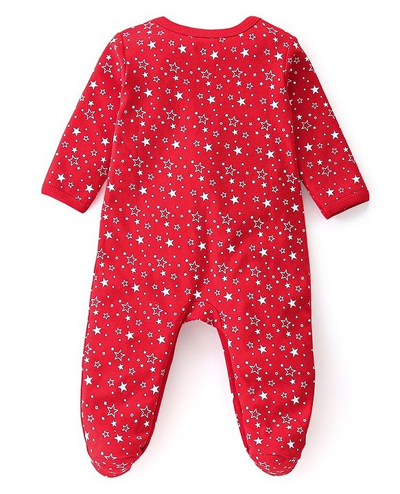 Babyhug Cotton Knit Full Sleeves Footed Sleep Suit Star & Santa Clause Print Pack of 2 - Red & Navy Blue