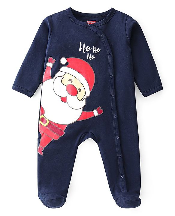Babyhug Cotton Knit Full Sleeves Footed Sleep Suit Star & Santa Clause Print Pack of 2 - Red & Navy Blue