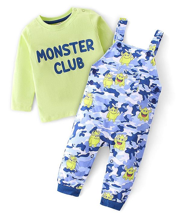 Babyhug 100% Coton Monster Print Dungaree With Front Pocket & Full Sleeves Inner Tee With Shoulder Snap Buttons - Light Green