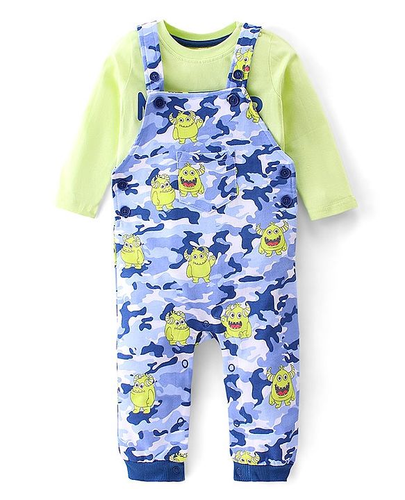 Babyhug 100% Coton Monster Print Dungaree With Front Pocket & Full Sleeves Inner Tee With Shoulder Snap Buttons - Light Green