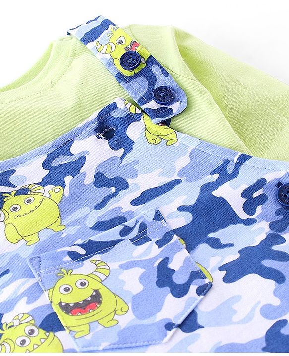 Babyhug 100% Coton Monster Print Dungaree With Front Pocket & Full Sleeves Inner Tee With Shoulder Snap Buttons - Light Green