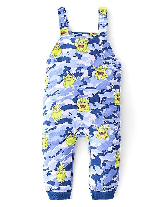 Babyhug 100% Coton Monster Print Dungaree With Front Pocket & Full Sleeves Inner Tee With Shoulder Snap Buttons - Light Green