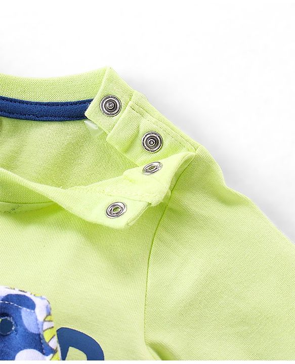 Babyhug 100% Coton Monster Print Dungaree With Front Pocket & Full Sleeves Inner Tee With Shoulder Snap Buttons - Light Green