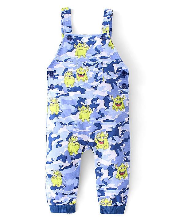 Babyhug 100% Coton Monster Print Dungaree With Front Pocket & Full Sleeves Inner Tee With Shoulder Snap Buttons - Light Green