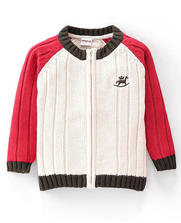 Babyhug Cotton Knitted Full Sleeves Front Zipper Sweater - White & Red